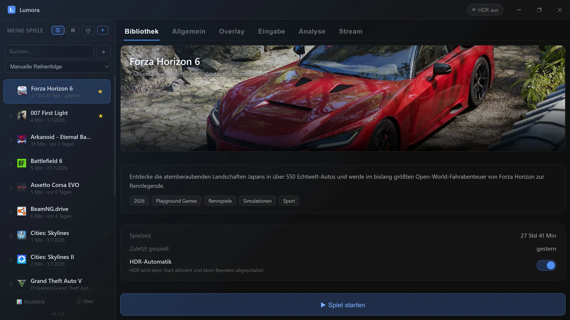 Lumora Game-Launcher – Listenansicht mit allen Spielen aus Steam, Epic, GOG & Co., HDR-Schalter und Game-Streaming