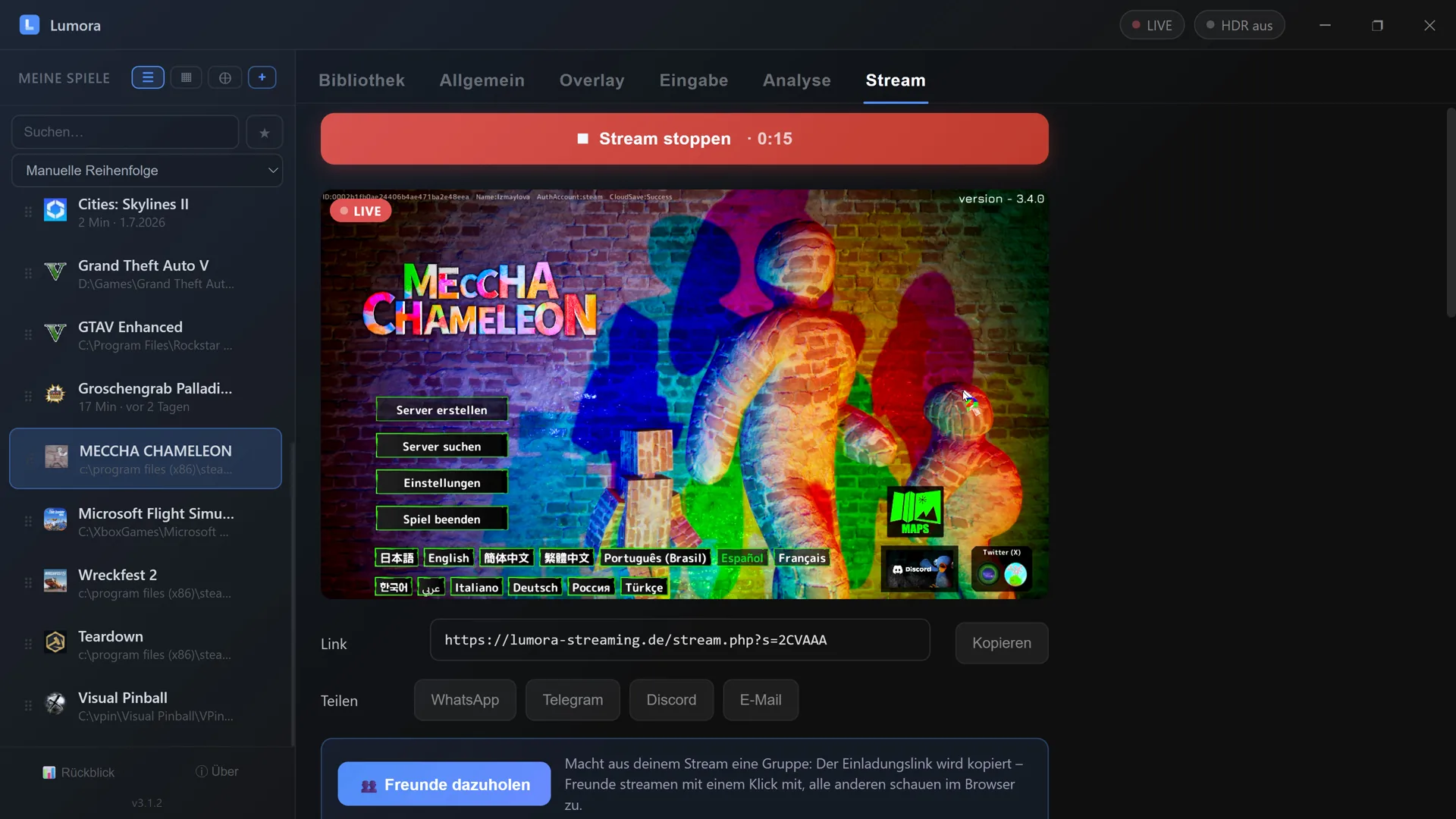 Lumora Stream-Tab: Live-Vorschau des Spiels, Teilen-Link und „Freunde dazuholen